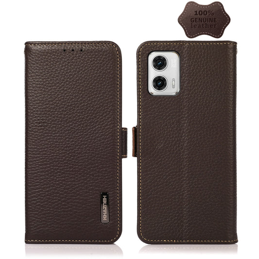 For Motorola Moto G73 5G KHAZNEH Side-Magnetic Litchi Genuine Leather RFID Phone Case(Brown) - Motorola Cases by buy2fix | Online Shopping UK | buy2fix