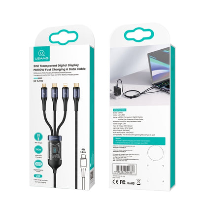 USAMS US-SJ600 U83 PD100W 3 in 1 Aluminum Alloy Transparent Digital Display Fast Charging Cable,Cable Length: 1.2m(Black) - Multifunction Cable by USAMS | Online Shopping UK | buy2fix