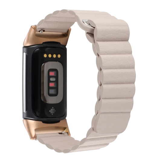 For Fitbit Charge 5 Magnetic Loop Leather Watch Band(Khaki) by buy2fix