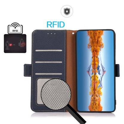 For OnePlus Ace 2 5G KHAZNEH Side-Magnetic Litchi Genuine Leather RFID Phone Case(Blue) - OnePlus Cases by buy2fix | Online Shopping UK | buy2fix