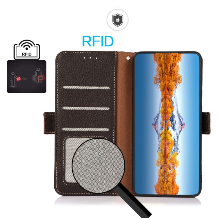 For OnePlus Ace 2 5G KHAZNEH Side-Magnetic Litchi Genuine Leather RFID Phone Case(Brown) - OnePlus Cases by buy2fix | Online Shopping UK | buy2fix