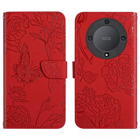 For Honor X9a 5G / Magic5 Lite HT03 Skin Feel Butterfly Embossed Flip Leather Phone Case(Red)