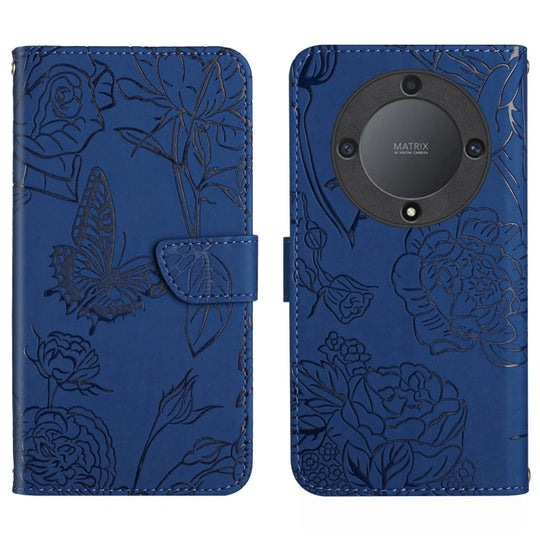 For Honor X9a 5G / Magic5 Lite HT03 Skin Feel Butterfly Embossed Flip Leather Phone Case(Blue)