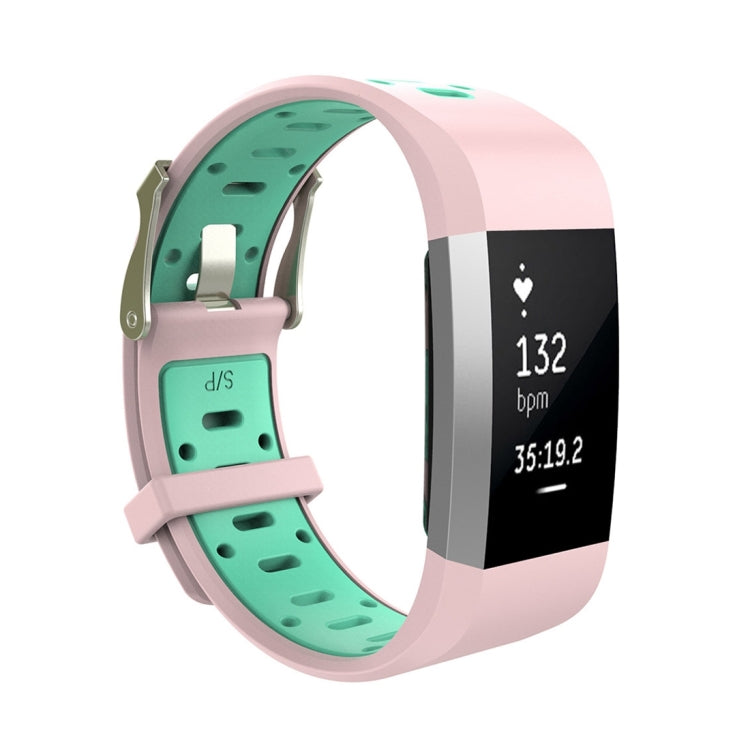 For Fitbit Charge 2 Two-tone Round Hole Silicone  Watch Band with Buckle(Pink + Green) - Watch Bands by buy2fix | Online Shopping UK | buy2fix