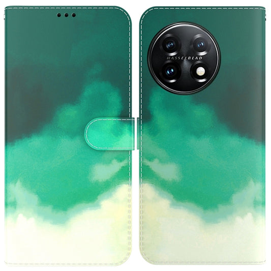 For OnePlus 11 Watercolor Pattern Flip Leather Phone Case(Cyan Green) by buy2fix