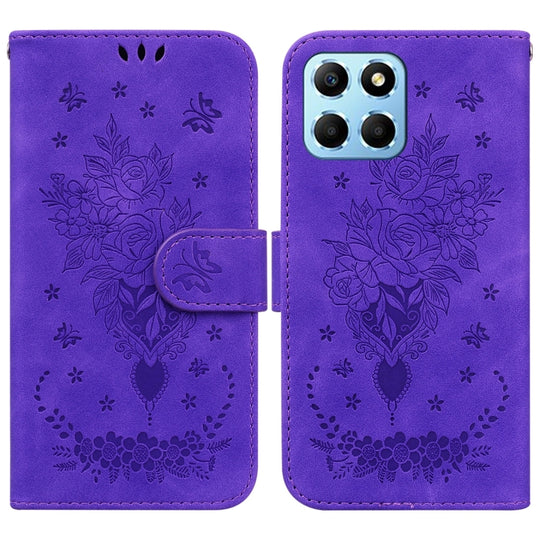 For Honor X8 5G Butterfly Rose Embossed Leather Phone Case(Purple)