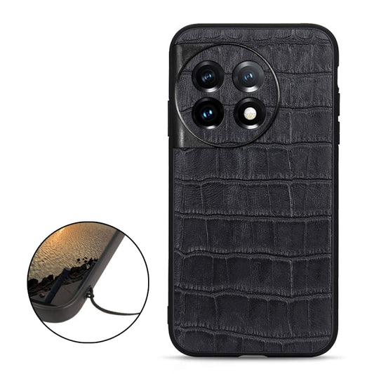 For OnePlus 11 5G Accurate Hole Crocodile Texture Genuine Leather Phone Case(Black) by buy2fix