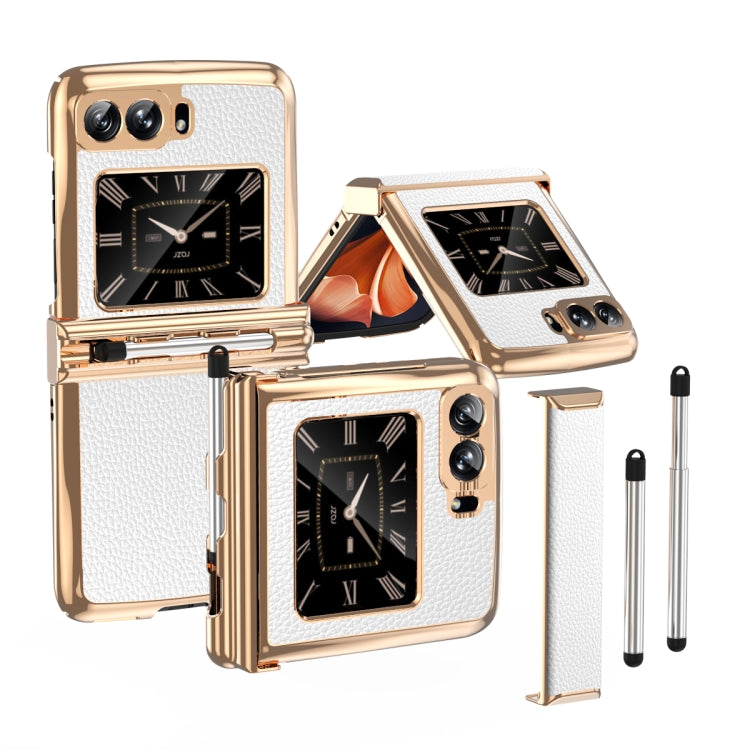 For Motorola Razr 2022 Foldable Electroplated Plain Leather Phone Case with Stylus(White) by buy2fix