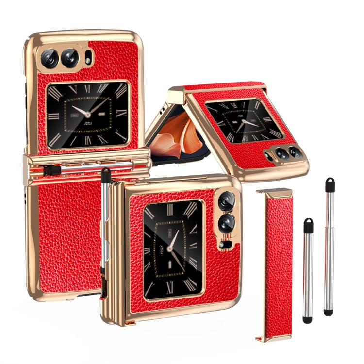 For Motorola Razr 2022 Foldable Electroplated Plain Leather Phone Case with Stylus(Red) by buy2fix