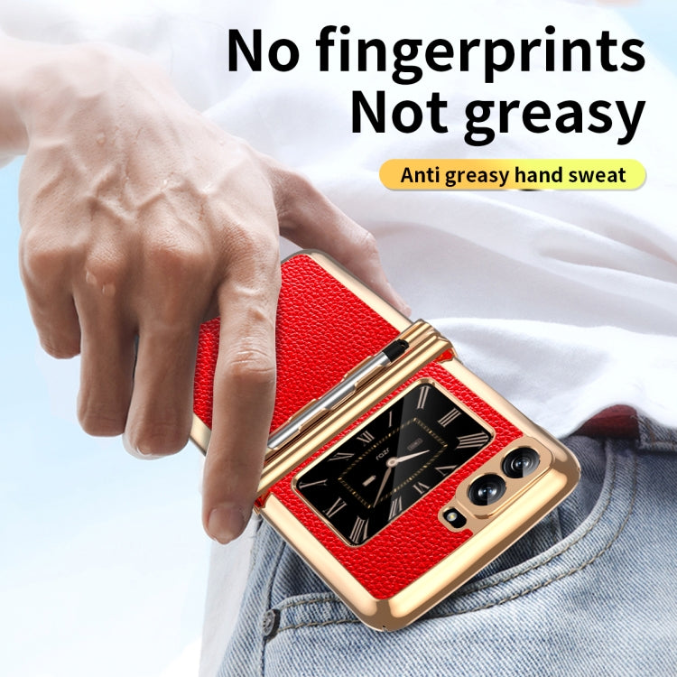 For Motorola Razr 2022 Foldable Electroplated Plain Leather Phone Case with Stylus(Red) by buy2fix
