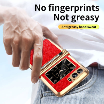 For Motorola Razr 2022 Foldable Electroplated Plain Leather Phone Case with Stylus(Red) by buy2fix