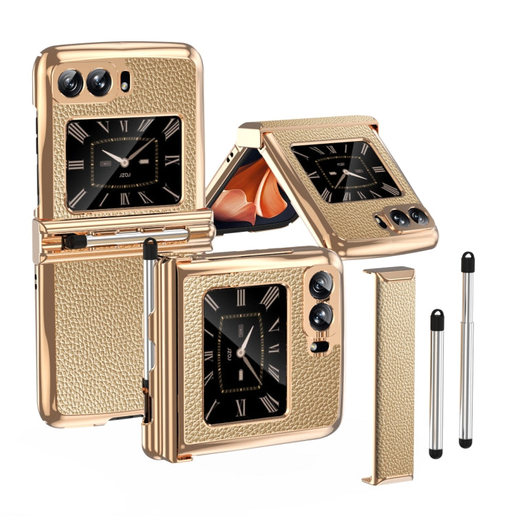 For Motorola Razr 2022 Foldable Electroplated Plain Leather Phone Case with Stylus(Gold) by buy2fix