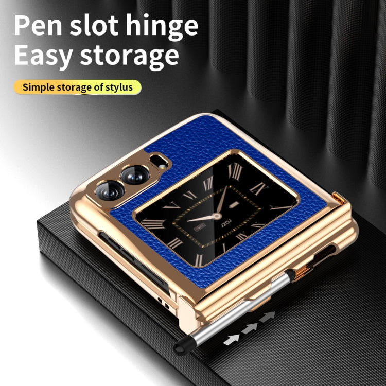 For Motorola Razr 2022 Foldable Electroplated Plain Leather Phone Case with Stylus(Blue) by buy2fix