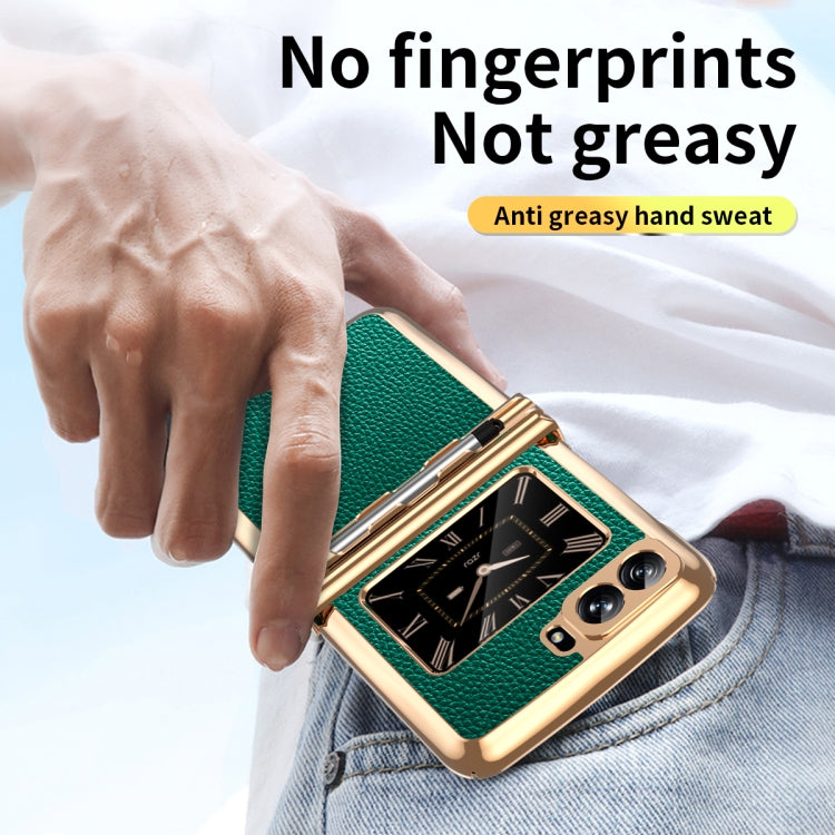 For Motorola Razr 2022 Foldable Electroplated Plain Leather Phone Case with Stylus(Emeralds) by buy2fix