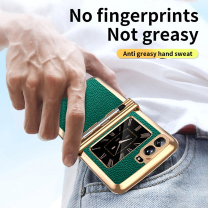 For Motorola Razr 2022 Foldable Electroplated Plain Leather Phone Case with Stylus(Emeralds) by buy2fix