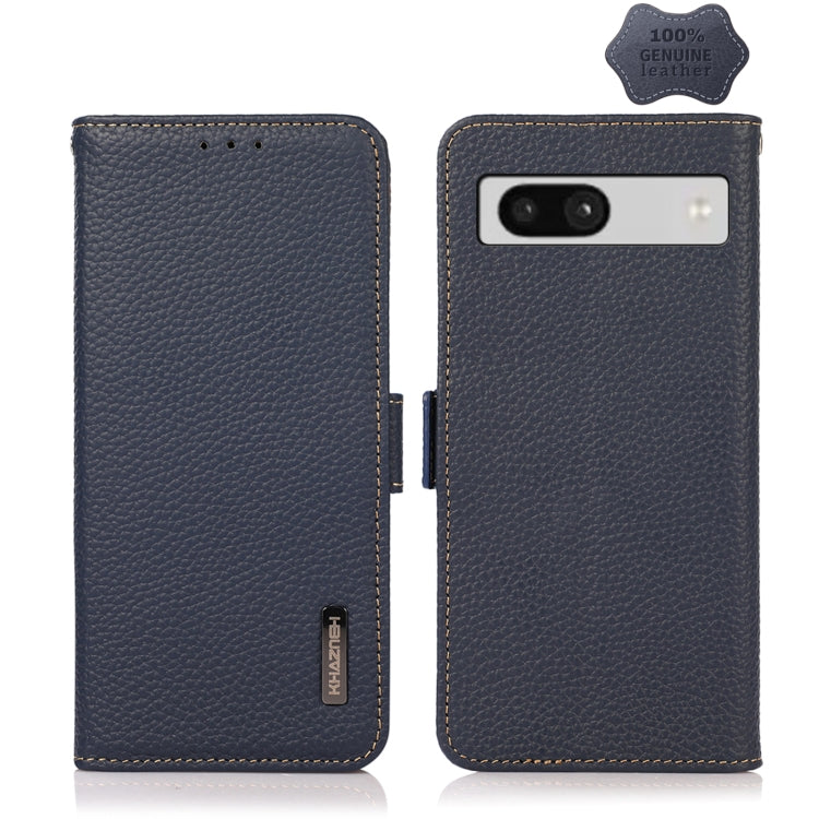 For Google Pixel 7A KHAZNEH Side-Magnetic Litchi Genuine Leather RFID Phone Case(Blue) - Google Cases by buy2fix | Online Shopping UK | buy2fix