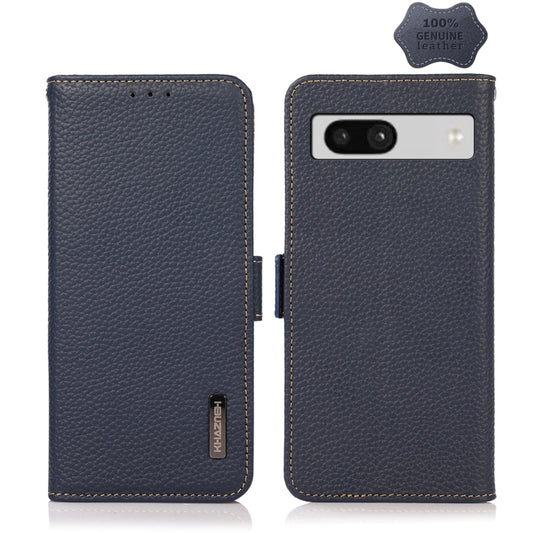 For Google Pixel 7A KHAZNEH Side-Magnetic Litchi Genuine Leather RFID Phone Case(Blue) - Google Cases by buy2fix | Online Shopping UK | buy2fix