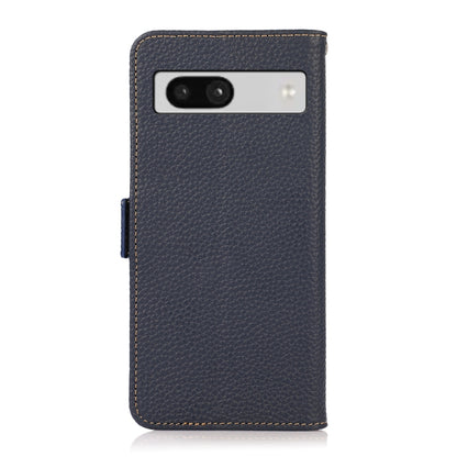 For Google Pixel 7A KHAZNEH Side-Magnetic Litchi Genuine Leather RFID Phone Case(Blue) - Google Cases by buy2fix | Online Shopping UK | buy2fix