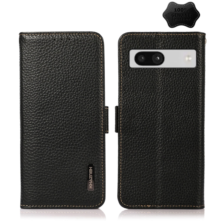 For Google Pixel 7A KHAZNEH Side-Magnetic Litchi Genuine Leather RFID Phone Case(Black) - Google Cases by buy2fix | Online Shopping UK | buy2fix
