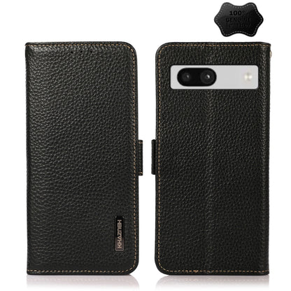 For Google Pixel 7A KHAZNEH Side-Magnetic Litchi Genuine Leather RFID Phone Case(Black) - Google Cases by buy2fix | Online Shopping UK | buy2fix