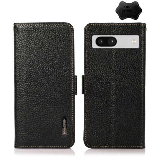 For Google Pixel 7A KHAZNEH Side-Magnetic Litchi Genuine Leather RFID Phone Case(Black) - Google Cases by buy2fix | Online Shopping UK | buy2fix