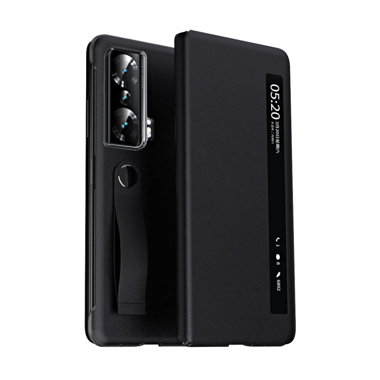 For Honor Magic Vs Side Window View Smart Litchi Pattern Leather Phone Case with Hand Strap(Black) - Honor Cases by buy2fix | Online Shopping UK | buy2fix