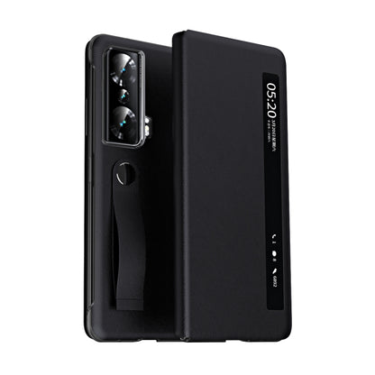 For Honor Magic Vs Side Window View Smart Litchi Pattern Leather Phone Case with Hand Strap(Black) - Honor Cases by buy2fix | Online Shopping UK | buy2fix