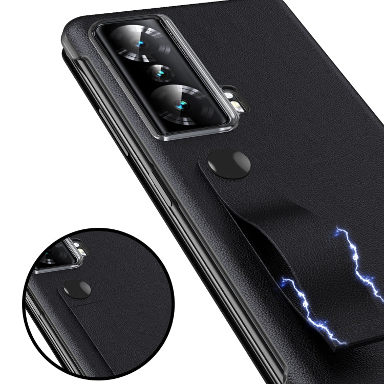 For Honor Magic Vs Side Window View Smart Litchi Pattern Leather Phone Case with Hand Strap(Black) - Honor Cases by buy2fix | Online Shopping UK | buy2fix