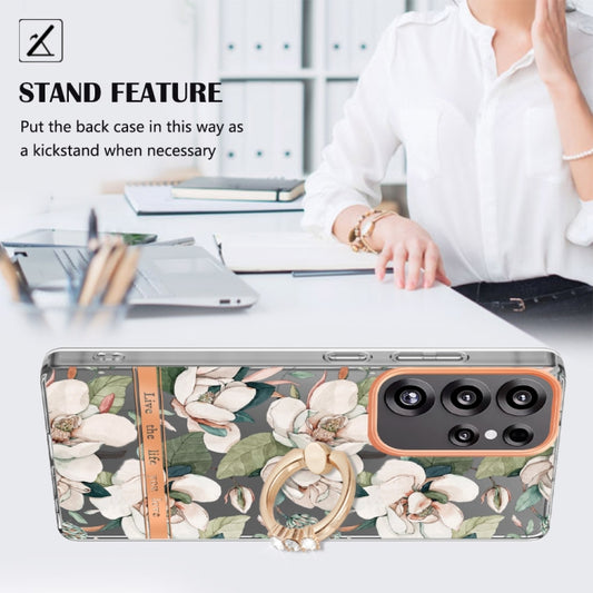 For Samsung Galaxy S25 Ultra 5G Flowers and Plants Series IMD TPU Phone Case with Ring Holder(Green Gardenia) by buy2fix