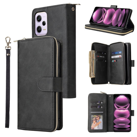 For Xiaomi Redmi Note 12 Pro 5G Speed / Note 12 Pro 5G Global / Poco X5 Pro 9 Card Slots Zipper Wallet Bag Leather Phone Case(Black)