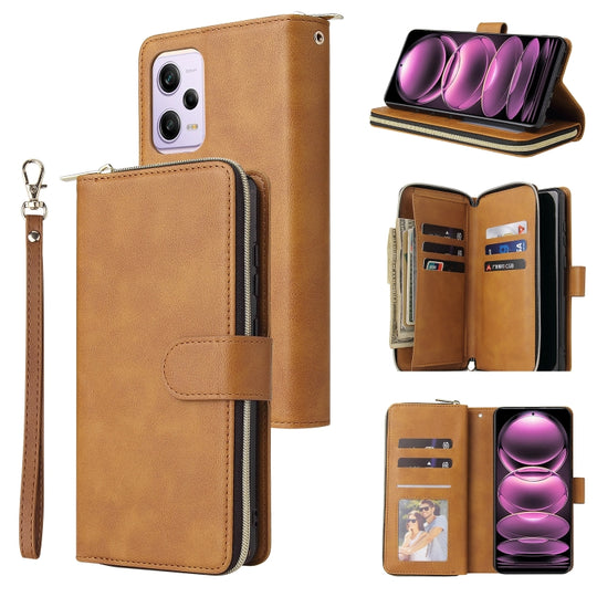 For Xiaomi Redmi Note 12 Pro 5G Speed / Note 12 Pro 5G Global / Poco X5 Pro 9 Card Slots Zipper Wallet Bag Leather Phone Case(Brown)