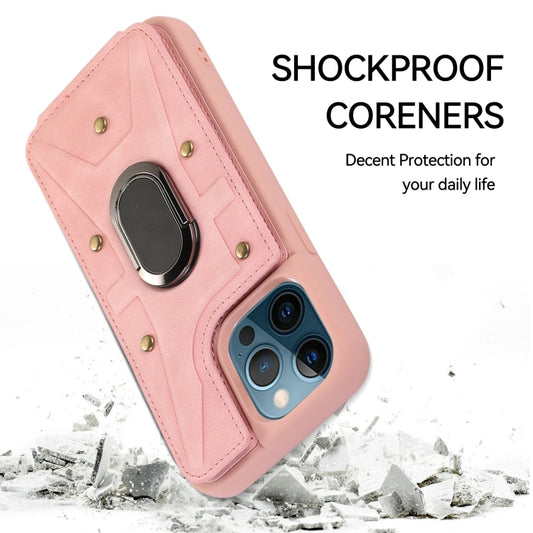 For iPhone 12 / 12 Pro Armor Ring Wallet Back Cover Phone Case(Pink) by buy2fix
