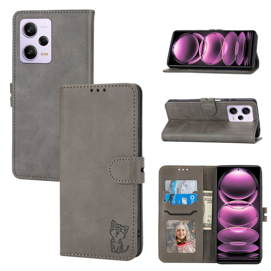 For Xiaomi Redmi Note 12 Pro 5G Global Embossed Happy Cat Pattern Flip Leather Phone Case(Grey)