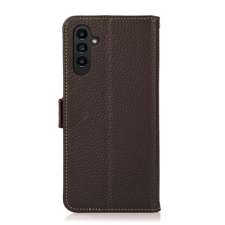 For Samsung Galaxy M14 5G KHAZNEH Side-Magnetic Litchi Genuine Leather RFID Phone Case(Brown) - Galaxy Phone Cases by buy2fix | Online Shopping UK | buy2fix
