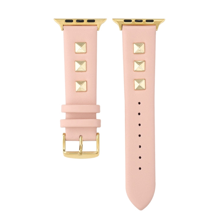 Single Row Riveted Genuine Leather Watch Band For Apple Watch Ultra 49mm&Watch Ultra 2 49mm / Series 9&8&7 45mm / SE 3&SE 2&6&SE&5&4 44mm / 3&2&1 42mm(Pink Gold) - Watch Bands by buy2fix | Online Shopping UK | buy2fix