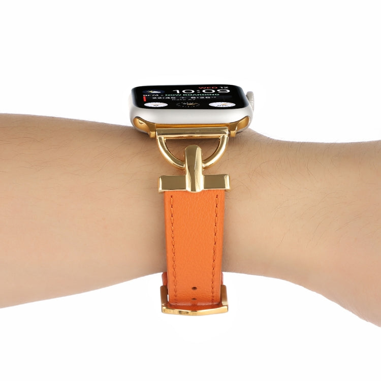 For Apple Watch Series 9&8&7 41mm / SE 3&SE 2&6&SE&5&4 40mm / 3&2&1 38mm D-Buckle Plain Genuine Leather Watch Band(Orange) by buy2fix