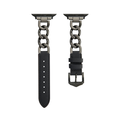Chain + Leather Watch Band For Apple Watch Series 9&8&7 41mm / SE 3&SE 2&6&SE&5&4 40mm / 3&2&1 38mm (Black+Black) by buy2fix