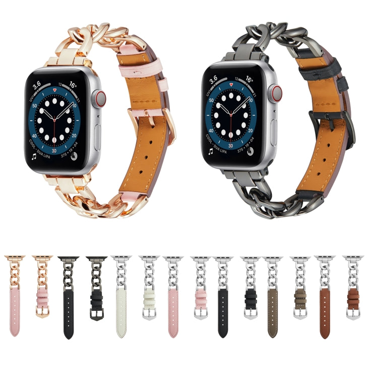 Chain + Leather Watch Band For Apple Watch Series 9&8&7 41mm / SE 3&SE 2&6&SE&5&4 40mm / 3&2&1 38mm (Black+Black) by buy2fix