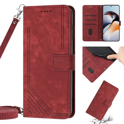 For OnePlus 11 Skin Feel Stripe Pattern Leather Phone Case with Lanyard(Red) by buy2fix