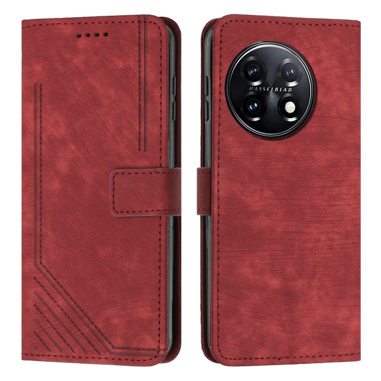 For OnePlus 11 Skin Feel Stripe Pattern Leather Phone Case with Lanyard(Red) by buy2fix