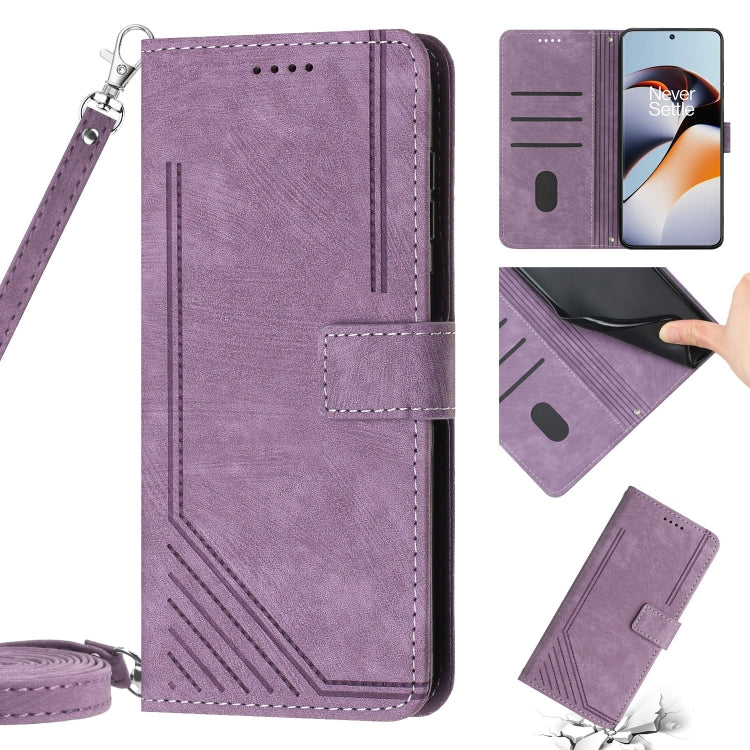 For OnePlus 11 Skin Feel Stripe Pattern Leather Phone Case with Lanyard(Purple) by buy2fix