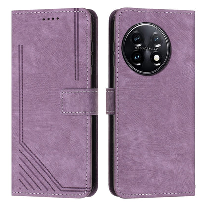 For OnePlus 11 Skin Feel Stripe Pattern Leather Phone Case with Lanyard(Purple) by buy2fix