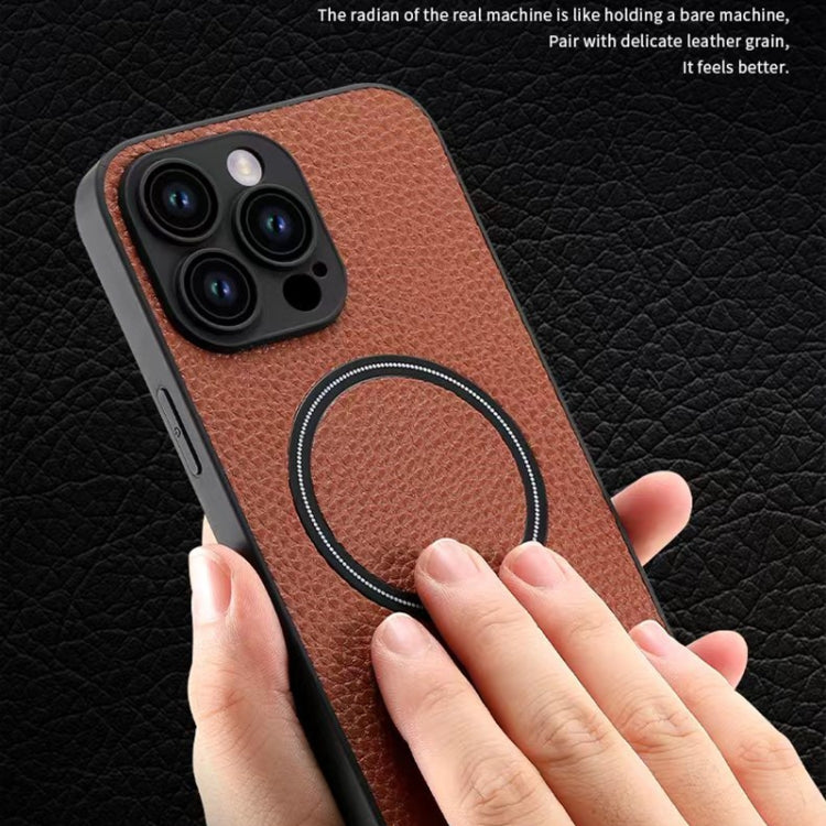 For iPhone 14 Skin Feel Litchi Texture MagSafe Magnetic Phone Case(Brown) - iPhone 14 Cases by buy2fix | Online Shopping UK | buy2fix