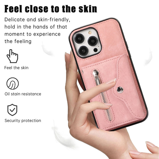 For iPhone 14 Zipper RFID Card Slot Phone Case with Short Lanyard(Rose Gold) - iPhone 14 Cases by buy2fix | Online Shopping UK | buy2fix