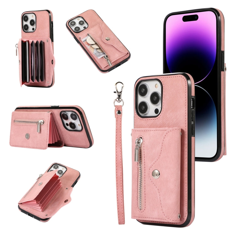 For iPhone 14 Pro Zipper RFID Card Slot Phone Case with Short Lanyard(Rose Gold) - iPhone 14 Pro Cases by buy2fix | Online Shopping UK | buy2fix