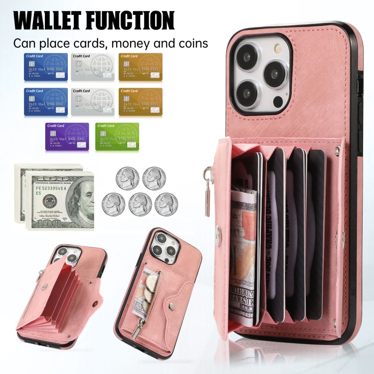 For iPhone 14 Pro Zipper RFID Card Slot Phone Case with Short Lanyard(Rose Gold) - iPhone 14 Pro Cases by buy2fix | Online Shopping UK | buy2fix