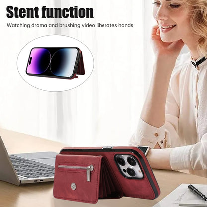 For iPhone 14 Pro Zipper RFID Card Slot Phone Case with Short Lanyard(Red) - iPhone 14 Pro Cases by buy2fix | Online Shopping UK | buy2fix