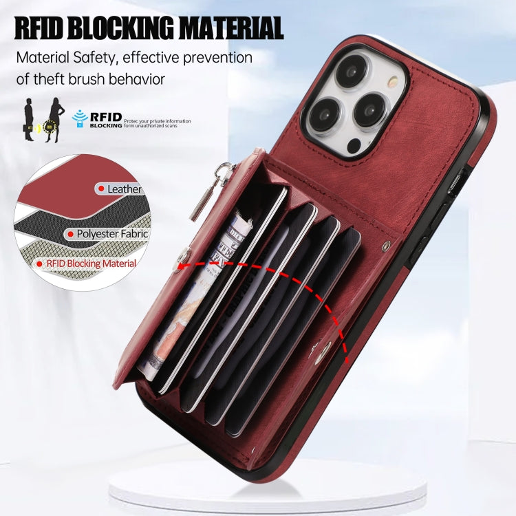 For iPhone 14 Pro Max Zipper RFID Card Slot Phone Case with Short Lanyard(Red) - iPhone 14 Pro Max Cases by buy2fix | Online Shopping UK | buy2fix