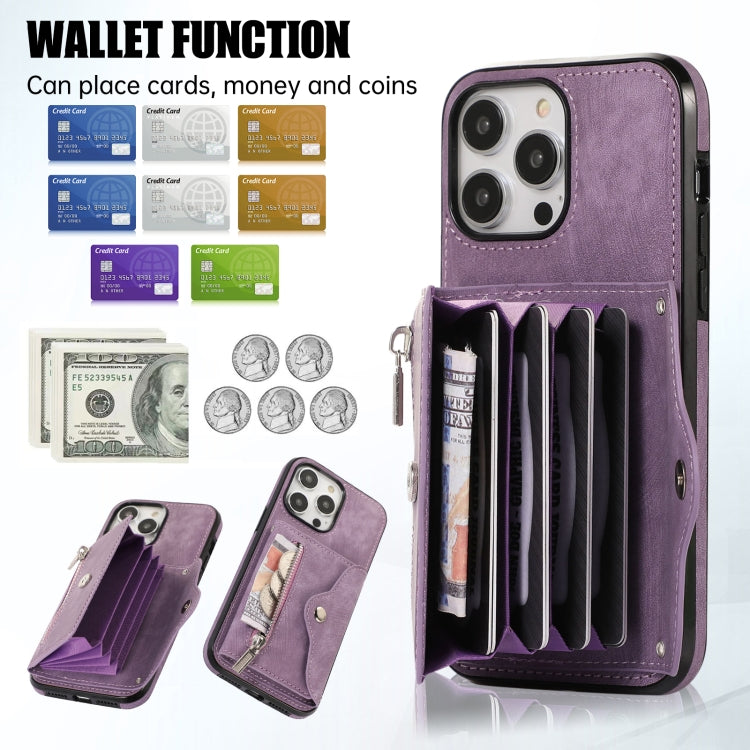 For iPhone 14 Pro Max Zipper RFID Card Slot Phone Case with Short Lanyard(Purple) - iPhone 14 Pro Max Cases by buy2fix | Online Shopping UK | buy2fix