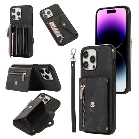 For iPhone 13 mini Zipper RFID Card Slot Phone Case with Short Lanyard(Black) - iPhone 13 mini Cases by buy2fix | Online Shopping UK | buy2fix